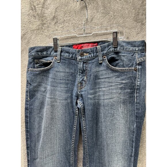 Vtg Y2K GUESS Women’s 30 Foxy Flare Low Rise Dark Distressed Blue Jeans Fairy - Picture 2 of 8